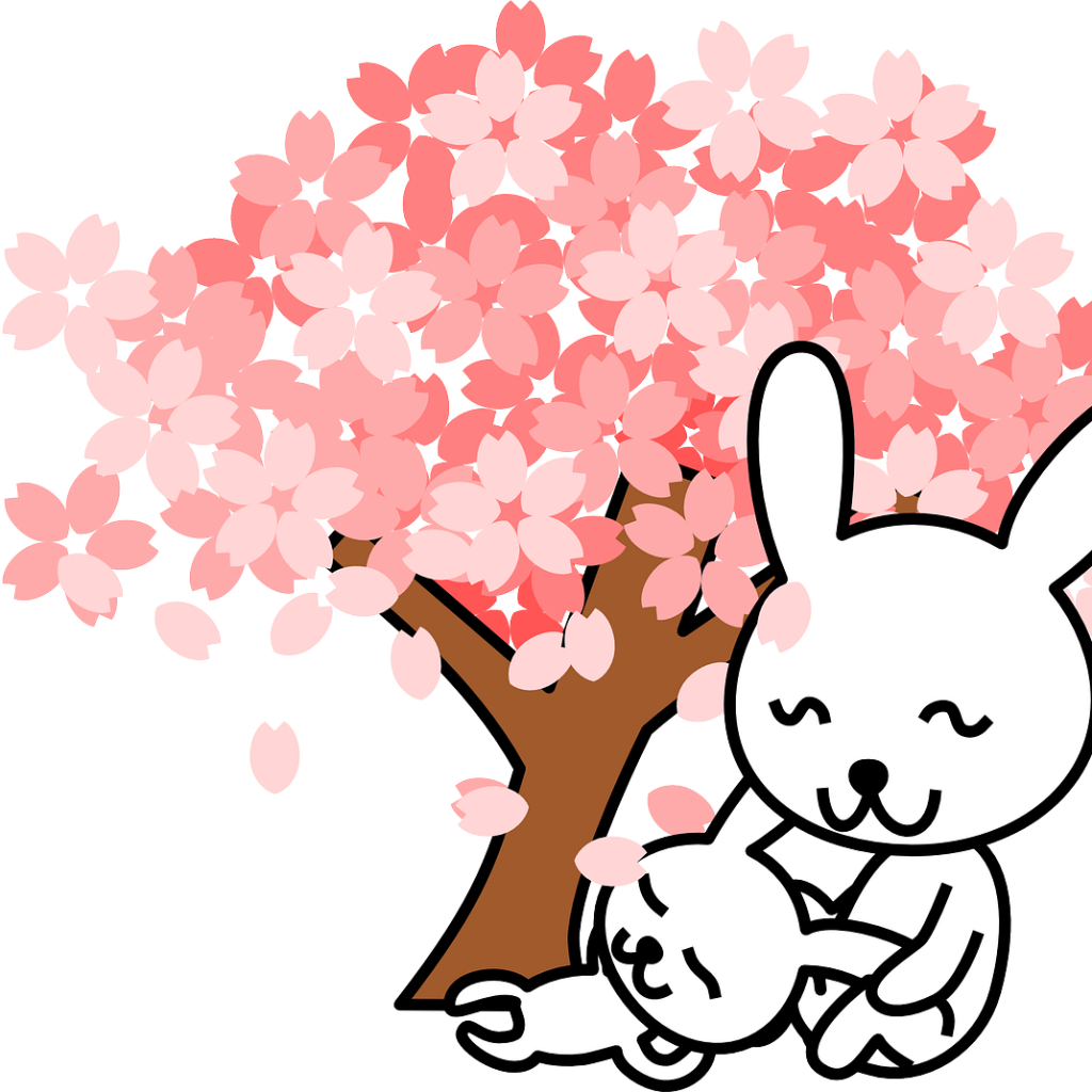 Cartoon bunny under cherry blossom tree